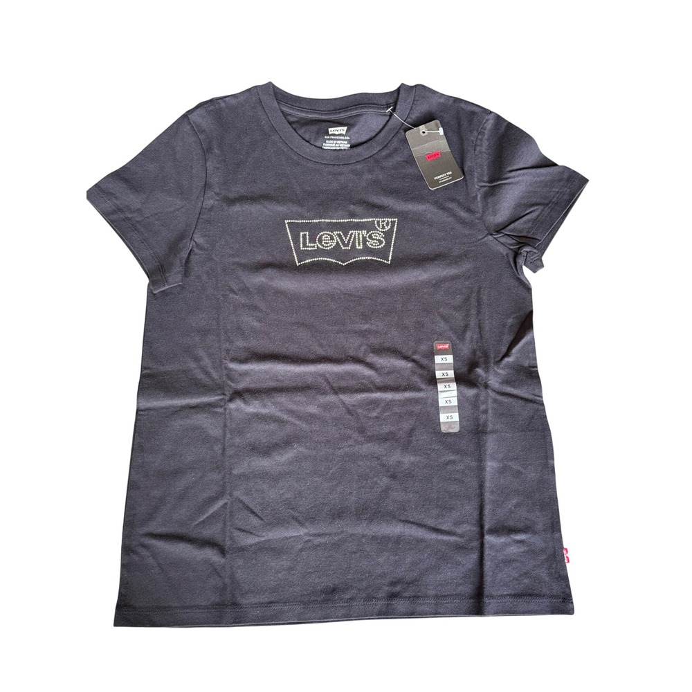 Levi's Perfect Tee Women's XS Black Rhinestone Batwing Logo Short Sleeve T-Shirt